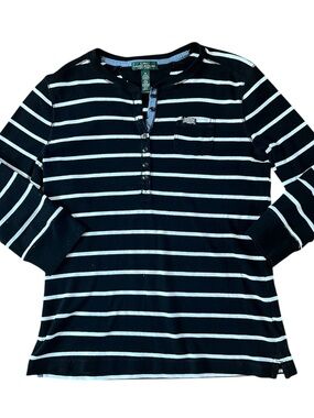 Lauren Ralph Lauren Jeans Black & White Striped Henley Top Sz M